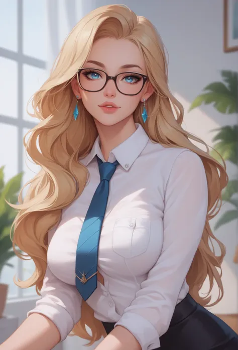 A beautiful blonde woman in her twenties. She is looking at the viewer with a soft expression. She has well-shaped lips, Azure eyes, and long blonde hair. She is wearing an office siren outfit (white button shirt, tie, and black skirt). glasses and earring...