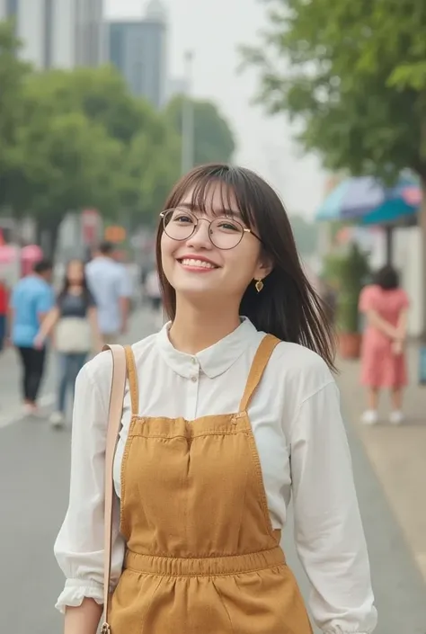 (( top quality)), ((傑 top quality、masterpiece、High sensitivity、 high resolution、 detailed depiction、 depicting a delicate face))Slender Woman、Glasses、 with a smile、 jumper skirt、 Heart Earrings 、Eco bag 、Walking around the city、