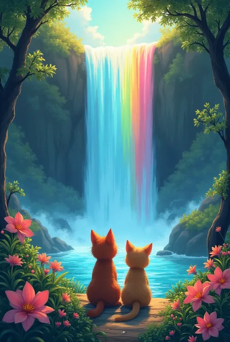 
- Image prompt: A breathtaking illustration of Lily and Mittens sitting together in a secret clearing, gazing in wonder at a stunning rainbow-colored waterfall cascading into a shimmering pool, surrounded by lush greenery and vibrant flowers