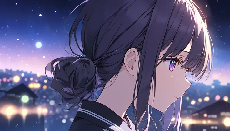 Profile focus,  focuses with horizontal eyes ,  cute, masterpiece,  top quality,  sharp concentration,  super high resolution,  1 girl, Eru Chitanda , ( anime character from Hyouka),   high school uniforms  ,   stalker looking at the night sky ,  crystal p...