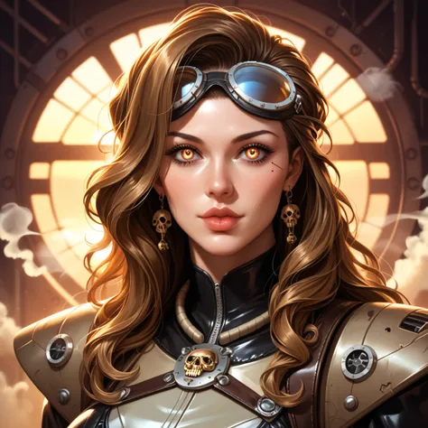 A female explorer in a steampunk, retro-futuristic, avant-garde sci-fi graphic novel, (ultra-detailed), steam-powered evolved vehicles, mechanical evolution, beautiful detailed eyes, beautiful detailed lips, extremely detailed face and features, intricate ...