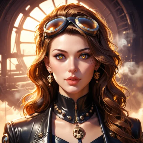 A female explorer in a steampunk, retro-futuristic, avant-garde sci-fi graphic novel, (ultra-detailed), steam-powered evolved vehicles, mechanical evolution, beautiful detailed eyes, beautiful detailed lips, extremely detailed face and features, intricate ...