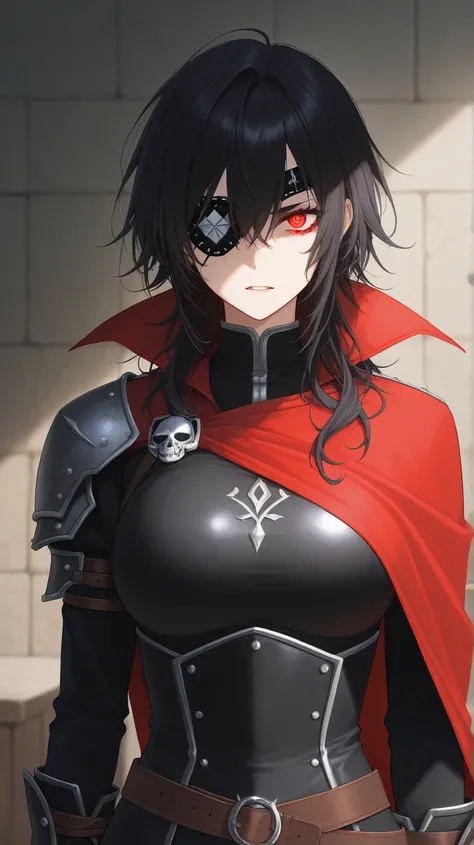 Adult woman. high. patch on left eye. crimson eyes. long messy black hair. fierce expression. unloaded mercenary clothes.