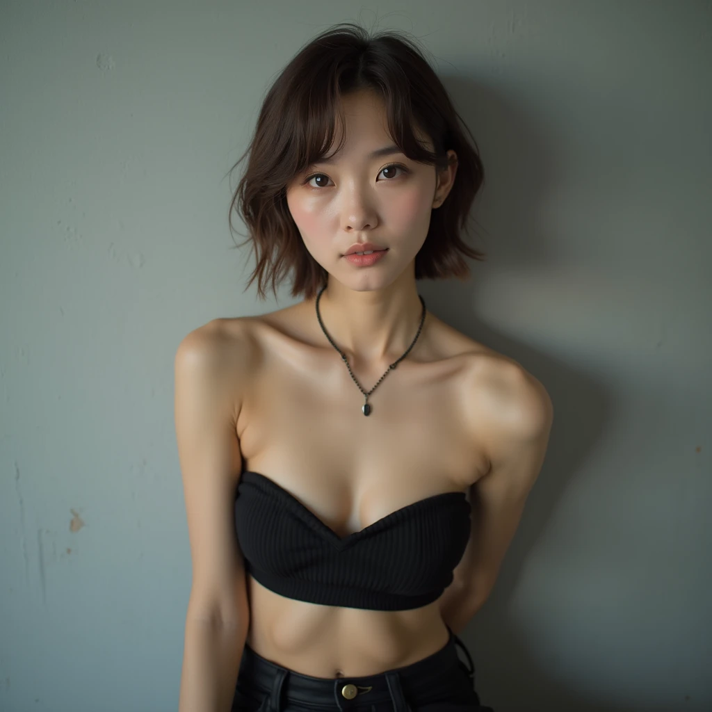 Highest quality, masterpiece, Ultra-high resolution, 25years old, Japanese woman, Low rise pants, tube top, shiny Hair, Short Hair, Broun Hair, Gray room