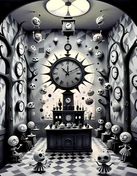  black and white (Pencil sketch:1.1), Tim Burton style の館の迷宮のような廊下の中で,  have a clock with faces and hands hanging on the wall ,  each depicts a different time period in a surreal world . Eccentric residents unfold like ,  wear dazzling geometric costumes ,...