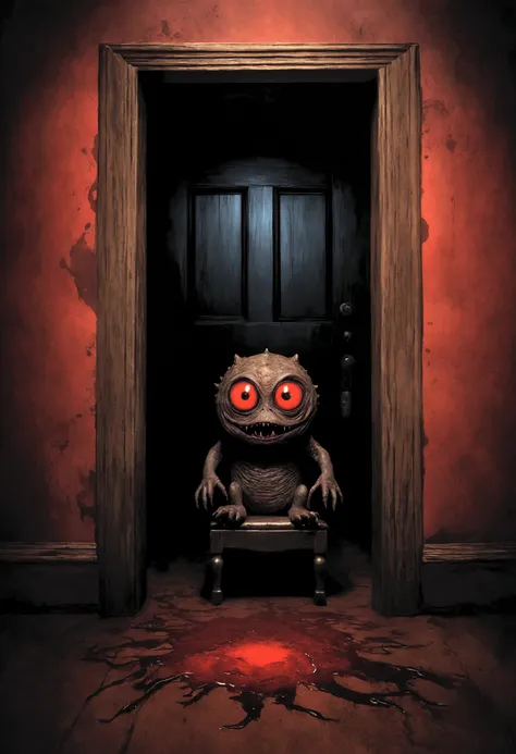 "A small, mischievous creature with large, glowing eyes sits on a bloodstained chair, its tiny, sharp teeth visible in a wide grin. The creature's body is round and plump, giving it an innocent, like appearance. Despite this, an unsettling aura surrounds i...