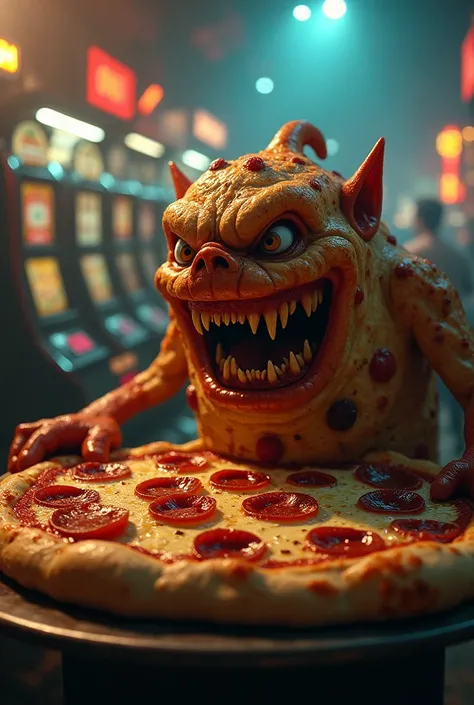 A photo with an angry human pizza in a betting center 