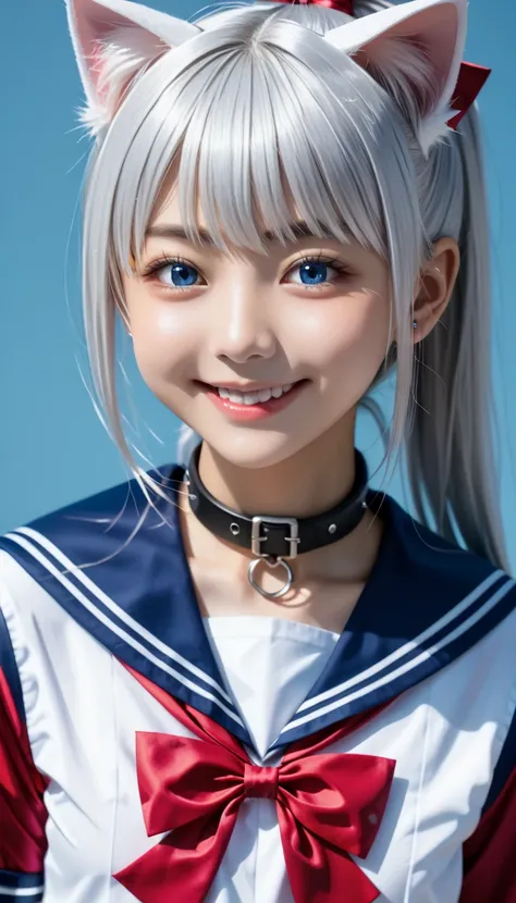 (((Sailor girl middle school student、 smiles)))、squint、(((( sailor collar 、sailor knit dress))))、break ((((Extreme close-up顔、 face with collar))))、(((blue eyes、Silver-white hair、 ponytail 、Cat ears、bangs)))、(((sailor collar 、 sailor ribbon、 small chest wit...