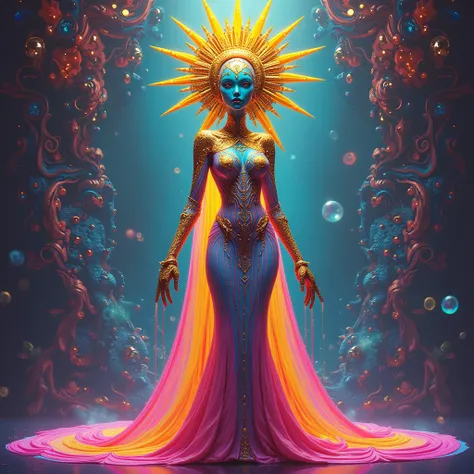 Extravagant non-standard New Year's alien dress kaleidoscopic rainbow colors futuristic queen android, with a huge golden crown on her head aesthetics, style of Nicoletta Ceccoli and Yayoi Kusama