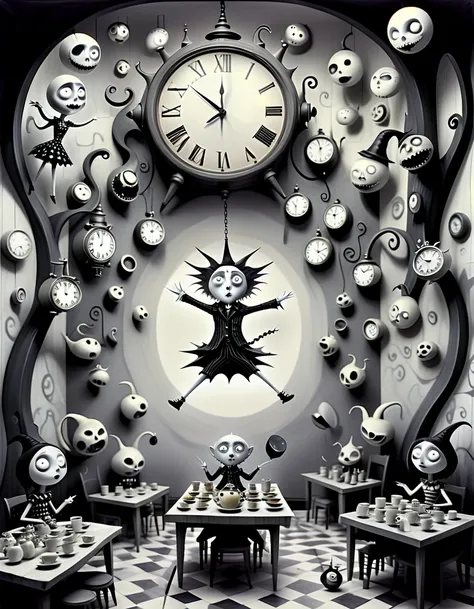  black and white (Pencil sketch:1.1), Tim Burton style の館の迷宮のような廊下の中で,  have a clock with faces and hands hanging on the wall ,  each depicts a different time period in a surreal world . Eccentric residents unfold like ,  wear dazzling geometric costumes ,...