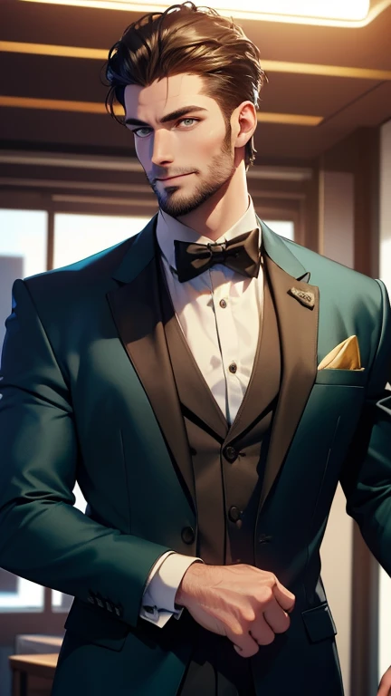 (   best quality,4K,8k,   highres,   masterpiece :1.2),   ultra-detailed   ,(realistic,photorealistic,photo-realistic:1.37),34 years old, man,3 day beard,Beautiful anime,Portraits,strong,Masculine,   with dark hair  ,sharp jaw,     mesmerizing yellow-green...