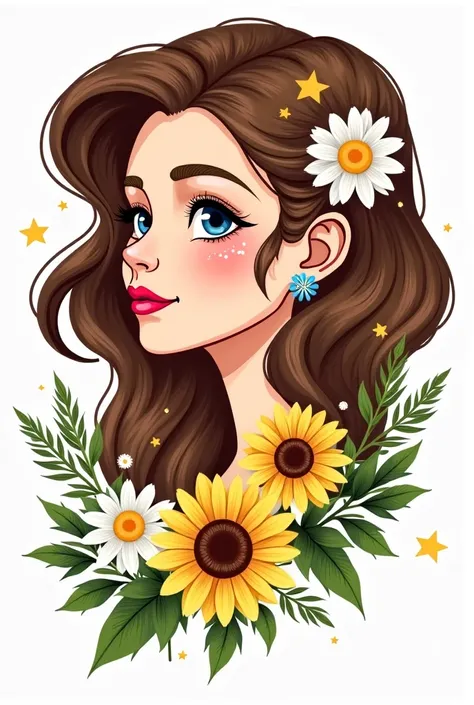  Make a logo that has a woman who is in her hair has the following characteristics: wavy , beautiful,  round ,with daisies and stars . Have a small sunflower in your ear,  And say around you herbal pocima