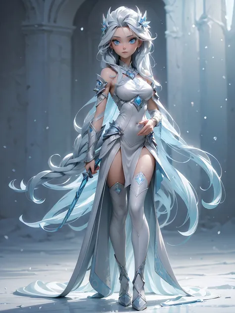 (((masterpiece, best quality, high detailed, 16k))) (1girl) A coldly beautiful goddess with long, glistening silver hair and icy blue eyes. She wears an armor made of translucent ice, decorated with frost patterns and snowflakes. Her presence chills the ai...