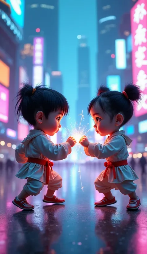 "In a futuristic neon-lit city, two small, incredibly cute ren face each other in an intense kung fu duel. The towering skyline behind them glows with holographic billboards and flying vehicles, casting vibrant blue and purple lights on the sleek metallic ...