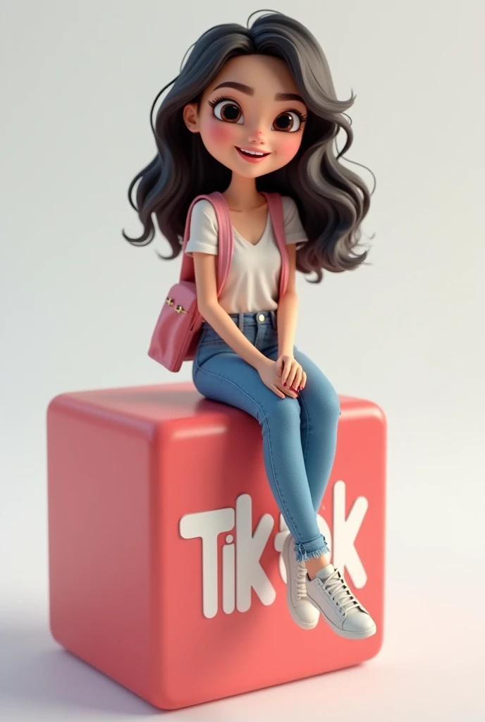 Create a 3D illustration of an animated character of a beautiful girl sitting casually on the top of the social media logo "Tiktok".The character must wear modern Spain style clothes.The background of the character is mockup of his Tiktok profile channel w...