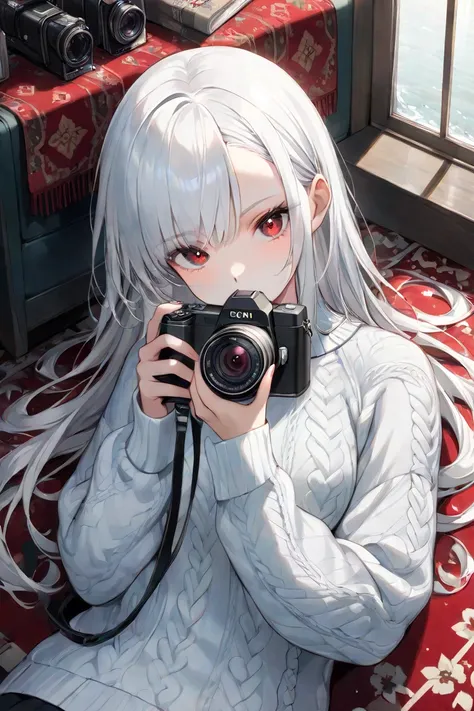 Long-term,  young woman,  long white hair with bangs on the forehead ,  with red eyes,  sharp gaze looking straight at the camera , Holding a camera in one hand ,  posing with a camera ,  wearing a white cable knit sweater ,  lying on a decorative patterne...