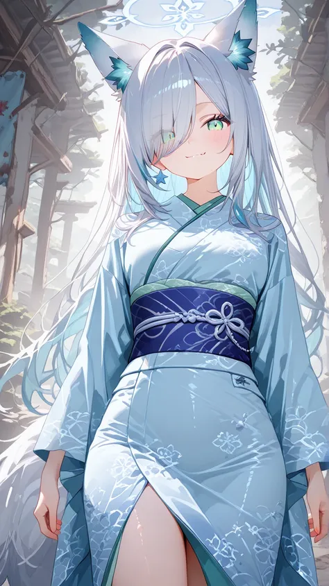  Gray Hair、long hair、hair over one eye、summer、sea、Ruins、Cumulonimbus、 slender、magenta accentcolor、  cute pose、smile、  Cool Personality、  boyish、July、 white and blue kimono、 Fox Ears、fox tail、 floating hair、 high school girl、、masterpiece、masterpiece、 pale b...