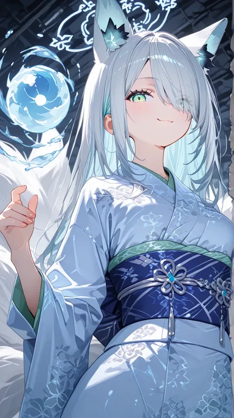  Gray Hair、long hair、hair over one eye、summer、sea、Ruins、Cumulonimbus、 slender、magenta accentcolor、  cute pose、smile、  Cool Personality、  boyish、July、 white and blue kimono、 Fox Ears、fox tail、 floating hair、 high school girl、、masterpiece、masterpiece、 pale b...