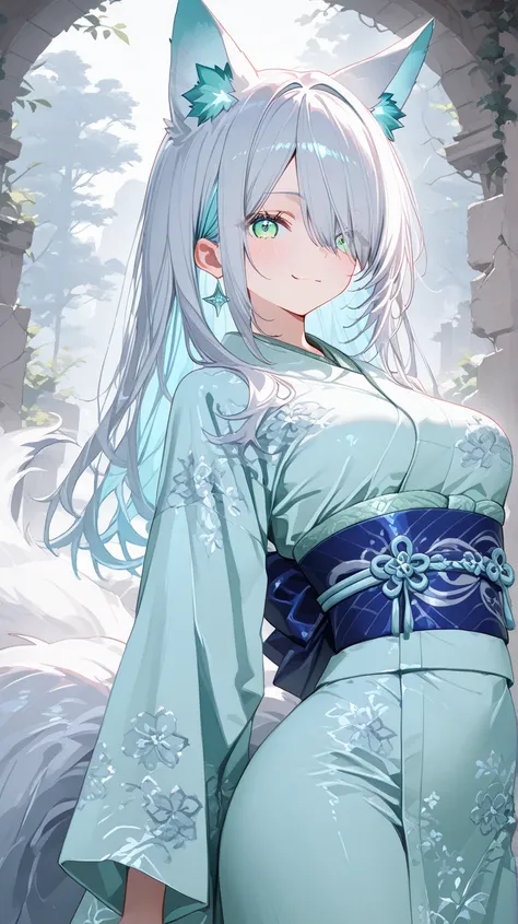  Gray Hair、long hair、hair over one eye、summer、sea、Ruins、Cumulonimbus、 slender、magenta accentcolor、  cute pose、smile、  Cool Personality、  boyish、July、 white and blue kimono、 Fox Ears、fox tail、 floating hair、 high school girl、、masterpiece、masterpiece、 pale b...