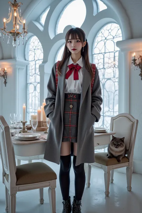 ultra-realistic, photorealistic, dramatic scene, shadow, global-illumination, solo, (age Japanese famous idol girl), very beautiful fragile Japanese girl, very beautiful with very cute but boyish cool face, (very large breasts), slim waist, (wearing a gray...