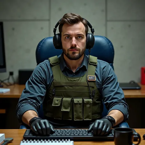 Tifinagh letter 3 / 4 long sleeve casual shirt, Army green bulletproof vest ,Black leather gloves, sitting in a blue office chair , military-style headphones for listening , sitting behind a wooden table , There is a computer keyboard on the desk , There i...