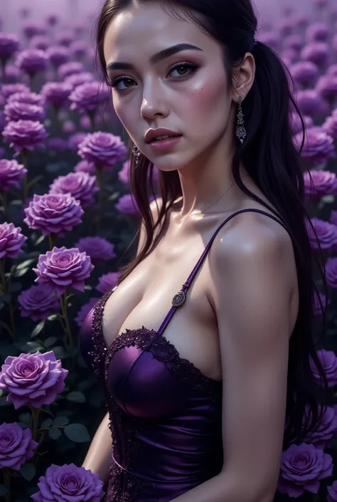 (Masterpiece:1.2),( best quality ),( very detailed),( best illustrations),8k,,16k,wallpaper, beautiful woman with sweat on her face, gothic fashion ,whole body,(I'm taking a walk along the road where countless black roses bloomed:2.0), vector art,(Purple B...