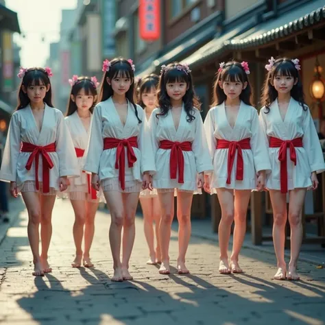 Exposed Open Gigantic Cleavage, CoveredNipple without Bra, Transform into 8K UltraDetailed Live-Action, Photorealistic, ExtremelyDetailed Professional Photography of KAWAII FUNDOSHI Girls at HAKATA GION YAMAKASA, FullBody from below, MagicHour Miracle, Eth...