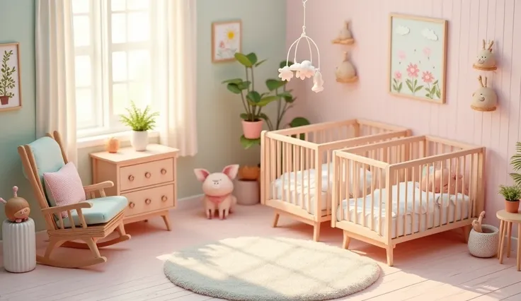 Scenario of a baby room all in pastel colors, Twins room, isometric ,  High quality cutlery 
