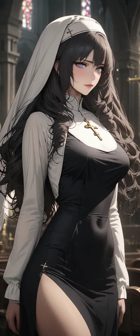  nun， rich breasts，church，cross，16k，Super Fine，  ultra-realistic  ，masterpiece， high quality， rich details 、 long hair、Curled hair on both sides,Clothes with slits, blue eyes