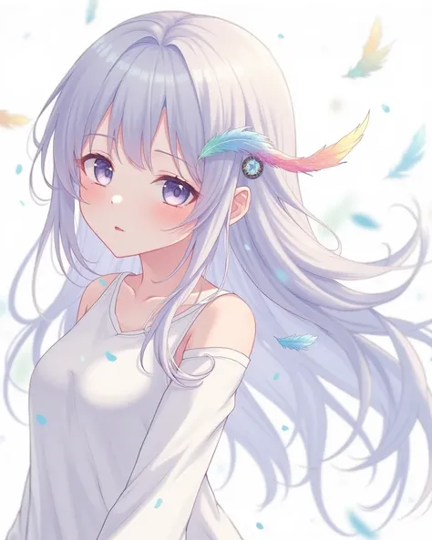 Beautiful girl with feathers。 looks like a college student。An Ephemeral Girl。 anime style illustration。Delicate screen。The upper body is shown。There's glitter in it