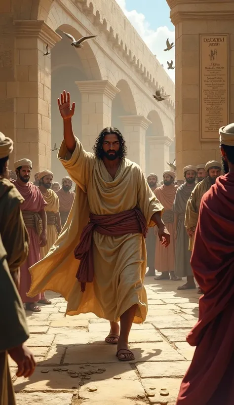 jesus,  a man with brown skin and dark hair ,  wears a simple tunic and a cloak .  with a serious and decisive face ,  He advances through the courtyard of the Temple of Jerusalem ,  where merchants and moneychangers carry out business . He raises his hand...