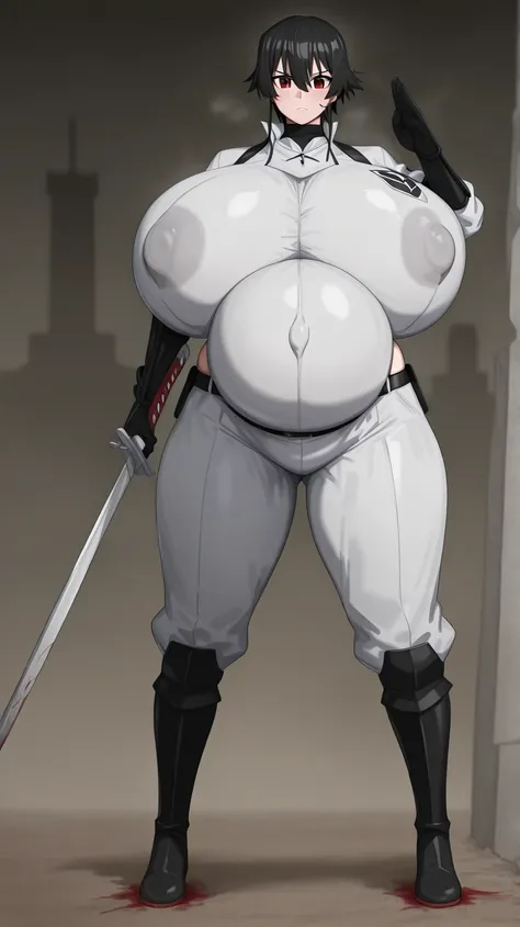 Akame, Akame ga kill, gigantic massive breast, curvy hips, stance with a sword, pregnant, bloody deep wounds 