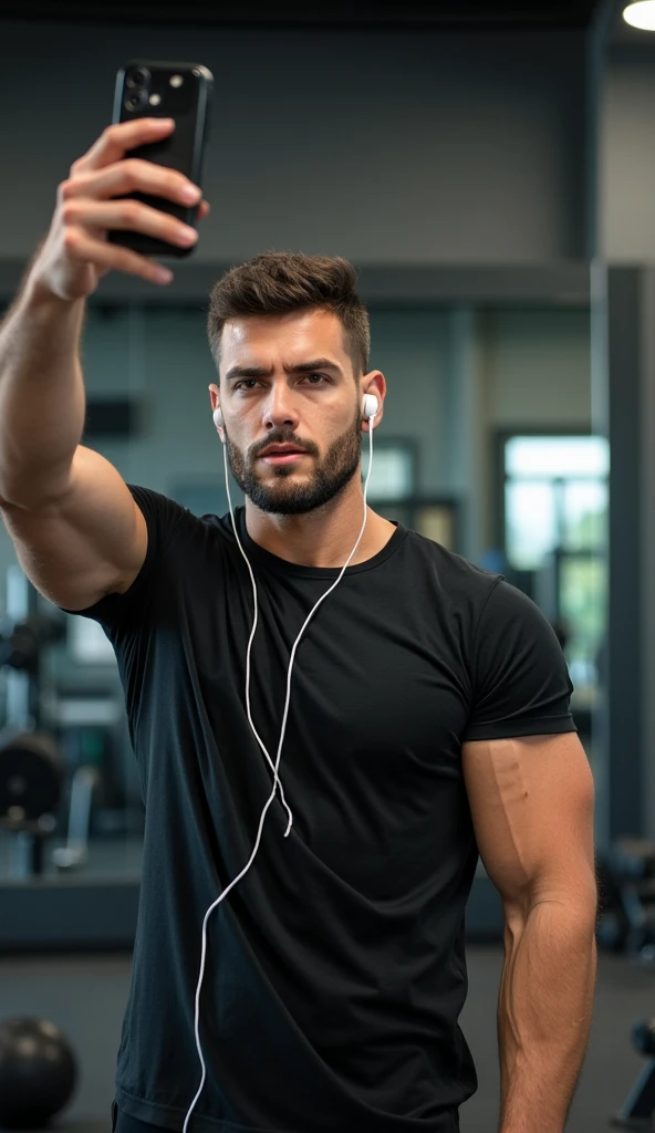 a man making a selfie at the gym, in front of the mirror, wearing black shirt and white headphones