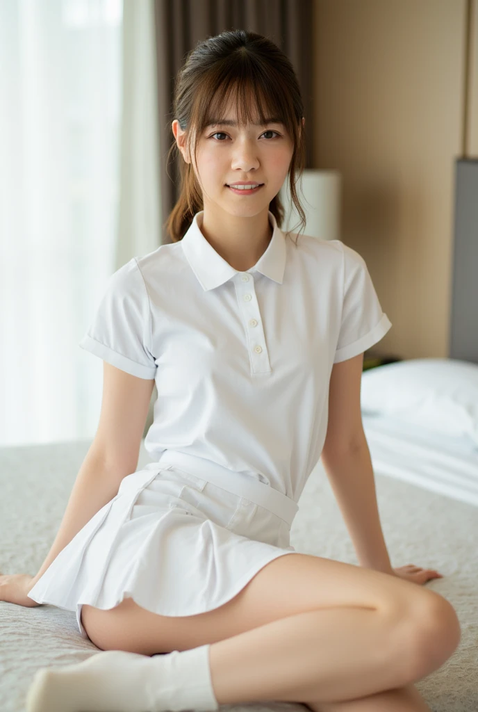 (Masterpiece, Best quality:1.3), (Ultra realistic, Photo-realistic:1.2), (nsfw: 1.3), (Full body: 1.2), Japanese woman, Natural light, 26 years old actor, Neat and clean, ((Wearing white tennis uniform, White short-sleeve polo shirt with collar: 1.3)), (No...