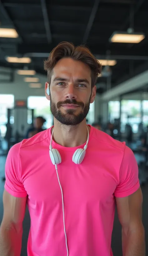 a man making a selfie at the gym, in front of the mirror, wearing pink shirt and white headphones