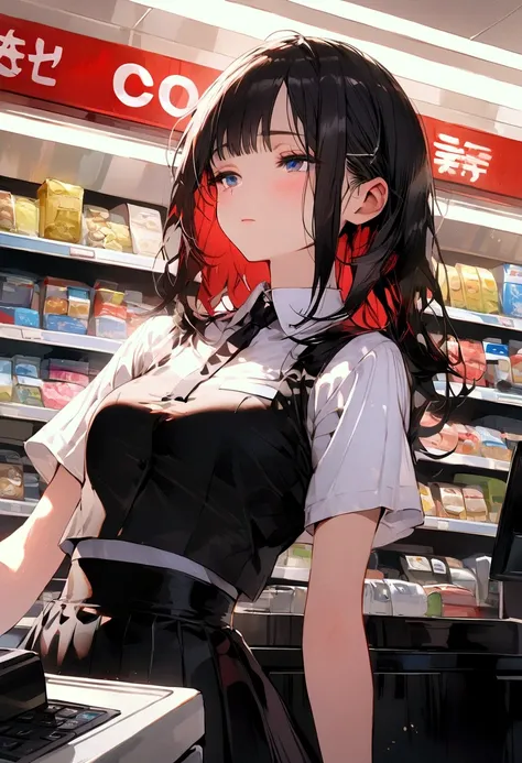 work of art, tight white cashier uniform, black high waist skirt, short skirt, stocking, black hair, convenience store, cash register, bangs on the eyes, fluorescent lighting, staring overhead, bored, half closed eyes