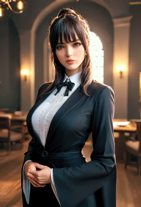 beautiful young woman standing, detailed face, focus on face, long black hair, hair accessories, office lady outfit, ribbon sleeves, detached sleeves, ribbon trim, wide sleeves, looking directly at viewer, long hair, black eyes, bangs, beautiful detailed l...