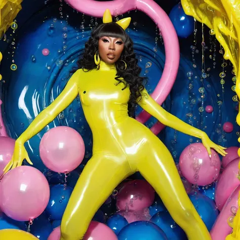 A sarafe in a yellow latex suit poses in a pool of balloons, inspired  by David LaChapelle  , David the chapel ,  by David LaChapelle  , Nicki Minaj, y2k", how much as cat woman, Latex-Outfits, how much, Chewing gum body ,  patron saint of  🛸🌈👩🏾,  inspired...