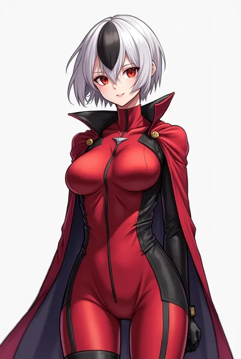 Make a very detailed image of a character wearing a heroine costume in the colors red, black and white.  This character has short, white hair with a single black patch in her bangs and red eyes. Her body is a skinny type .