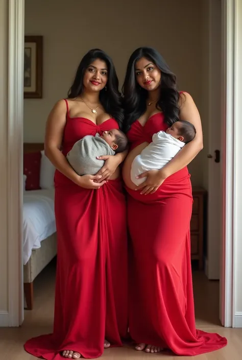 Indian newly wed couple carrying two new born baby, and boy, hot sexy curvy plus size dusky skin south indian bhabhi with long hair, big breast, big hip, very big ass, thick thighs, bhabhi wearing red sheer long gown without Bra panty, bhabhi looking so be...