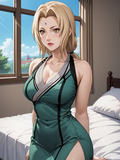 Masterpiece, extremely detailed,4k,solo, 1girl,tsunade, beauty anime face, full body, stand up,perfect slim body , bright body skin, thin lips,perfect slim body, very large breasts,sexy bodycon dress, Front look, bed room, sunlight on the windows, cowboy s...