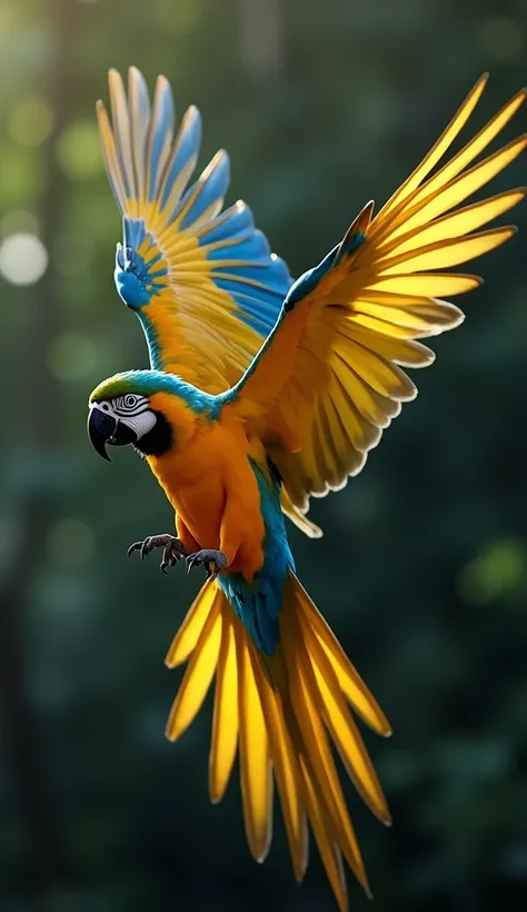 Macaw  ,  Flying with its wings spread out ,  (  Details), bright feathers  ,  ( ultra-realistic 8K ) ,    natural light,    photorealistic,  intricate texture ,    dramatic shadow   ,    Listed  , masterpiece