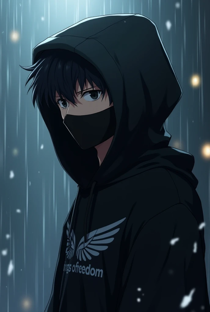 Adult boy, wearing a black facemask, wearing a Black wings of freedom with the hoodie on his head, and camera side post, anime, backround raining