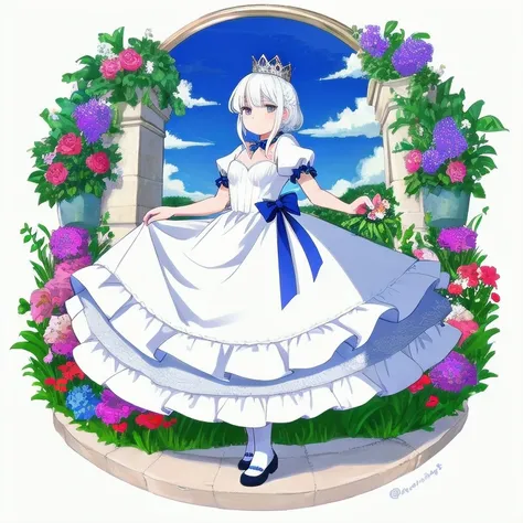 Beautiful Queen,  white hair, white and blue princess dress, full body,
 with field and flowers in the background,
 achromatic ,
masterpiece,  ultra high res against a flat background,  high quality,