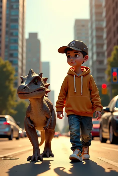 On a sunny day background in a modern city, a age boy in hip hop street clothes, the boy walks with   With Saurolophus , the boy walks wiith it