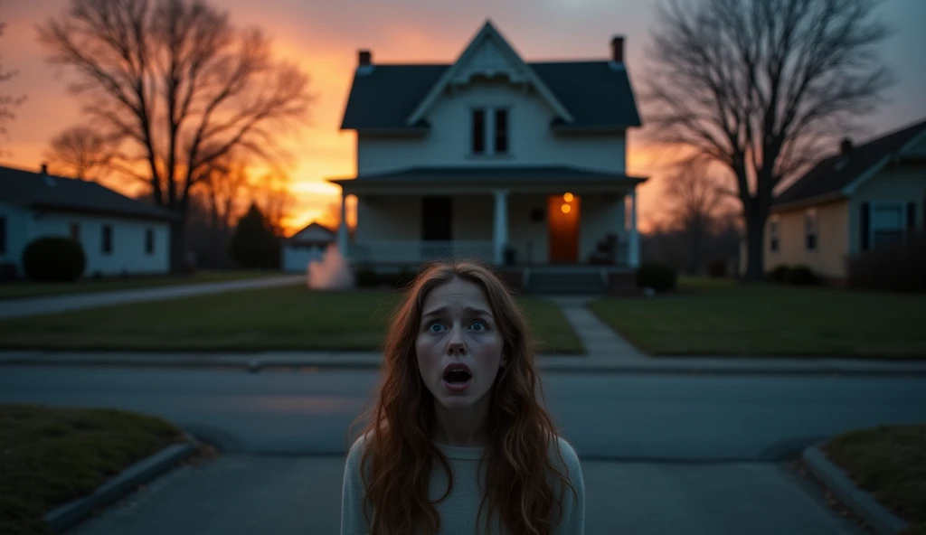 A young woman with wide, fearful eyes stands frozen on a quiet suburban street at dusk. Behind her, an old, abandoned house looms with an eerie presence. A faint mist swirls around its porch, and the slightly open door suggests something unseen watching fr...