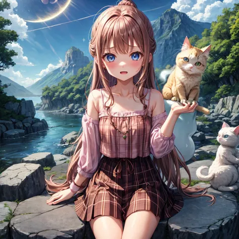 pink brown brown hair、 blue eyes、 with hair tied、Two cute、 Plaid Mini Skirt、 BLACK T-SHIRT、 light clothing、 One Piece、 camisole with green leaves、 high socks 、Teeth are visible、The stone is cracked、 the road is crooked、Mountain々、diagonal、 monsters、fog、 Aur...