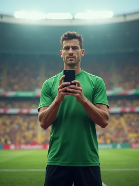 A man holding his cell phone,  green shirt, black shorts,  at a soccer stadium , realistic