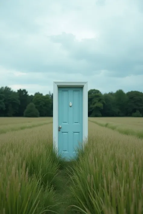 16:9 aspect ratio. Photograph, of a field of tall grass, treeline in the background, partially cloudy and slightly grey sky. On top of an inclined field of grass, stands a solitary pale blue door, with a white frame and white door knob.