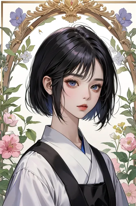 absurdities,  masterpiece,  best quality, clear cores,  Korean girl from Webtoon with beautiful face ,  Beautiful short hair bob  ,  a character from kdrama ,  Anime eyes , semi-casual clothes , fundo de  masterpiece,  detailed background